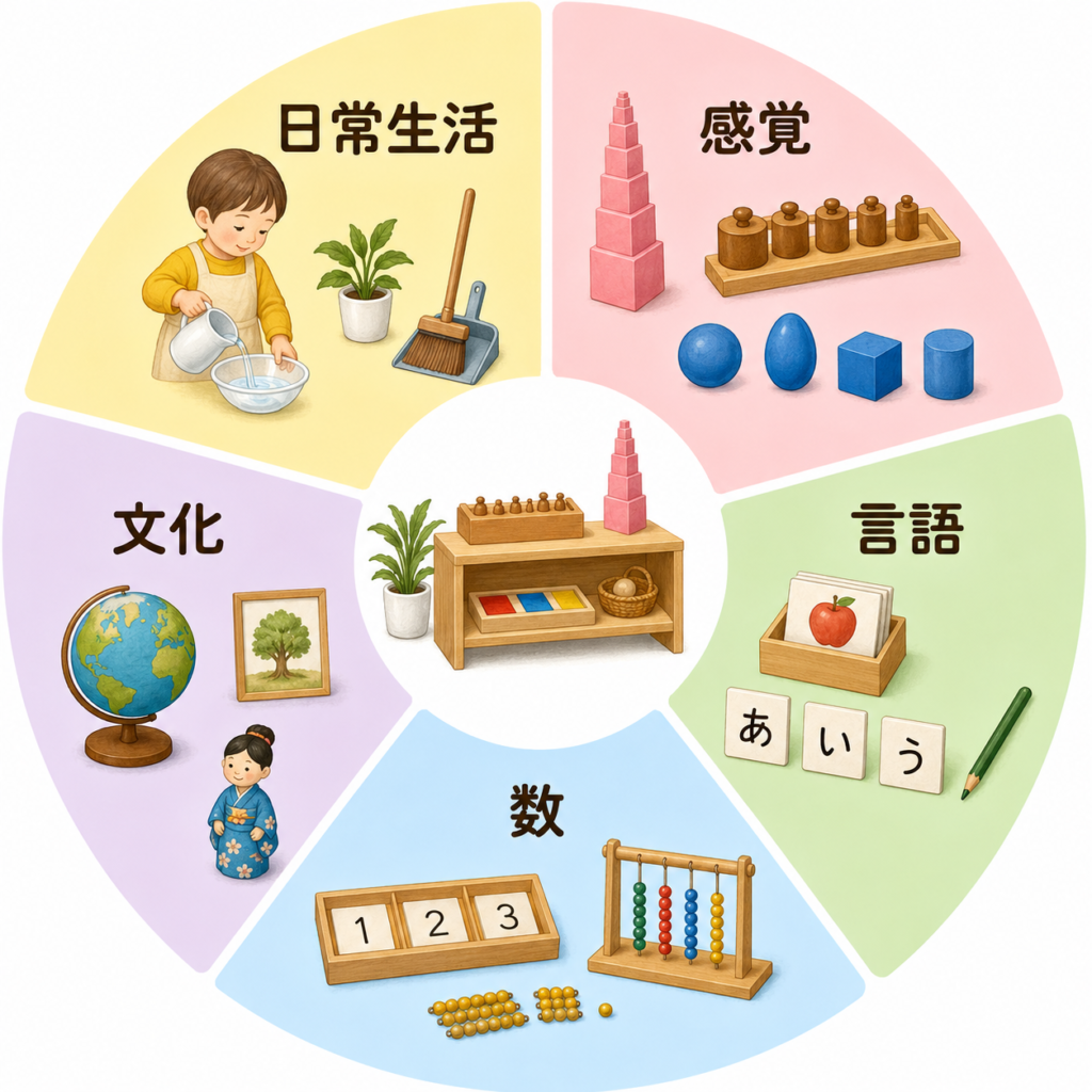 モンテッソーリ教育の5つの分野（日常生活・感覚・言語・数・文化）を円形または表形式で整理したシンプルなイラスト図