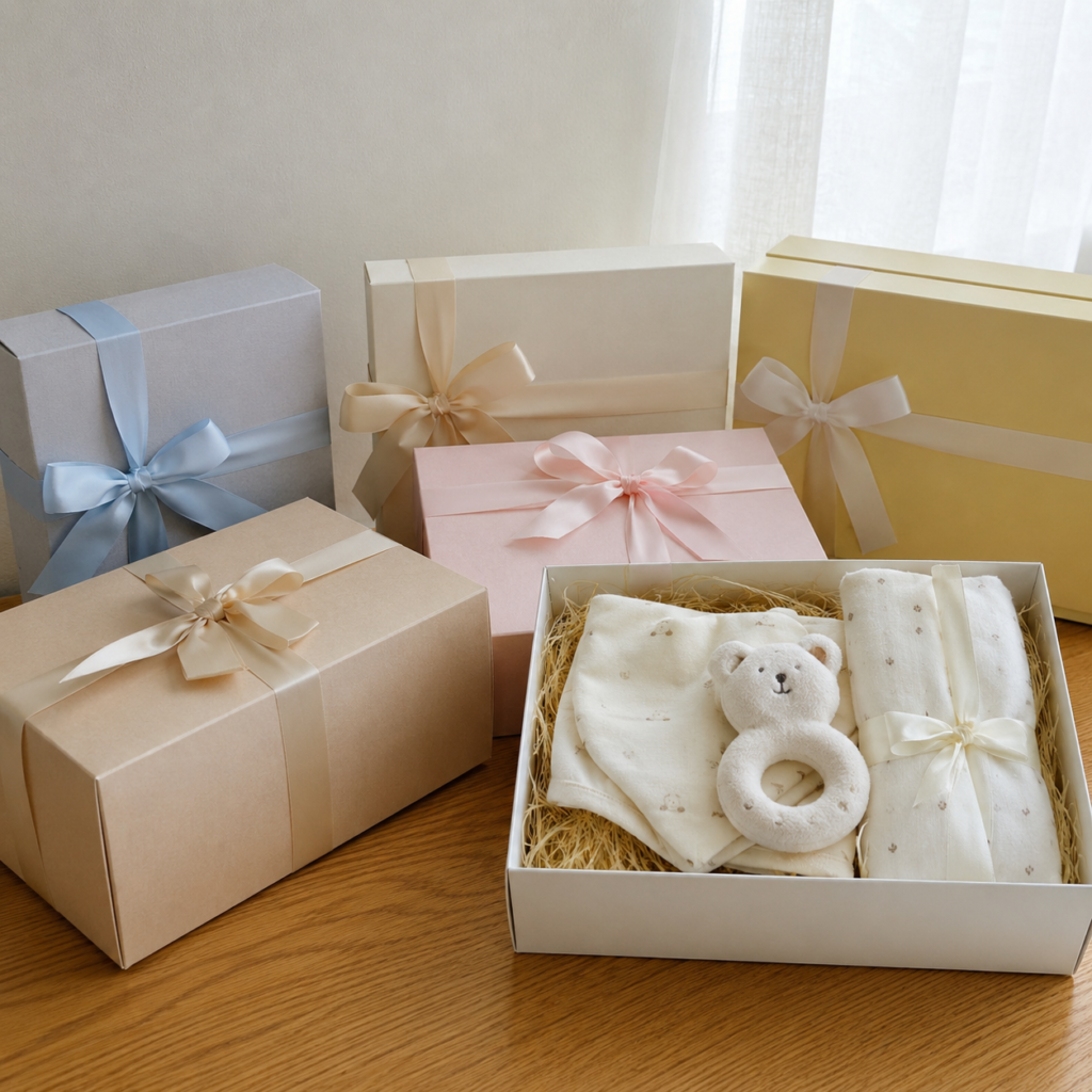 出産祝いのギフトボックスが複数並んでいる写真。リボンやラッピングが丁寧に施されたベビー用品のギフトセットのイメージ