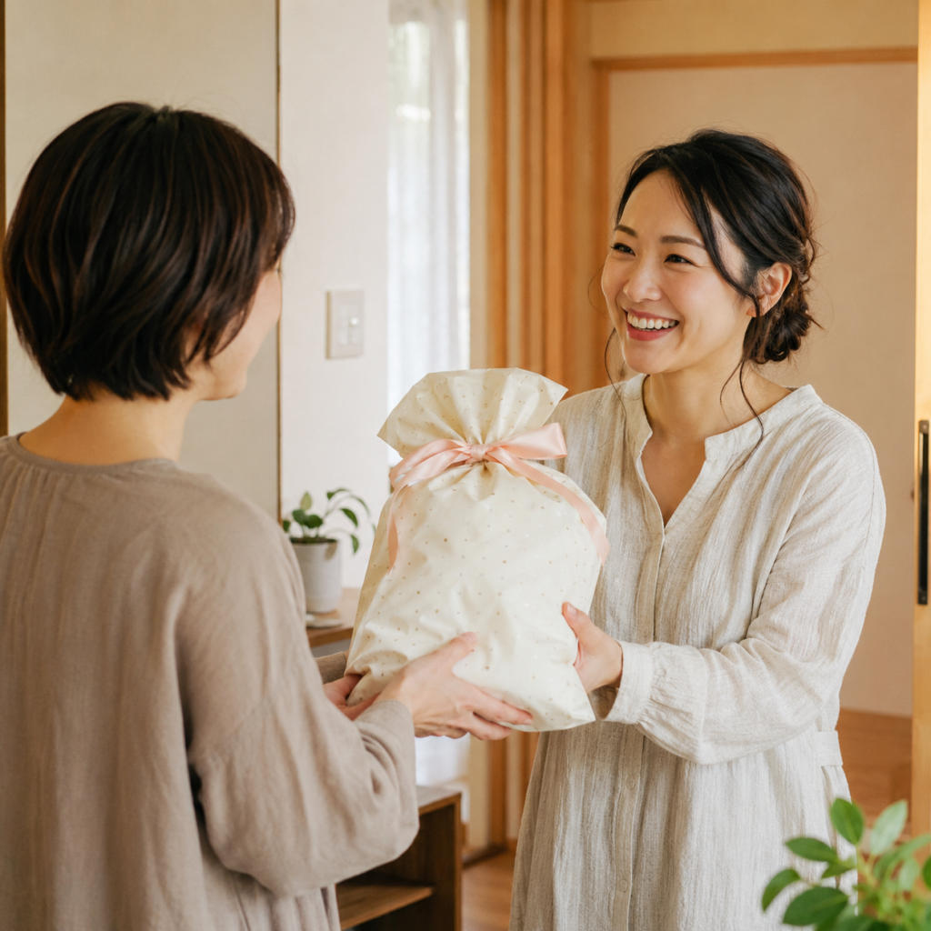 出産祝いを手渡している場面や、ギフトラッピングされた品物が並んでいるイメージ。贈る側の温かい気持ちが伝わる写真