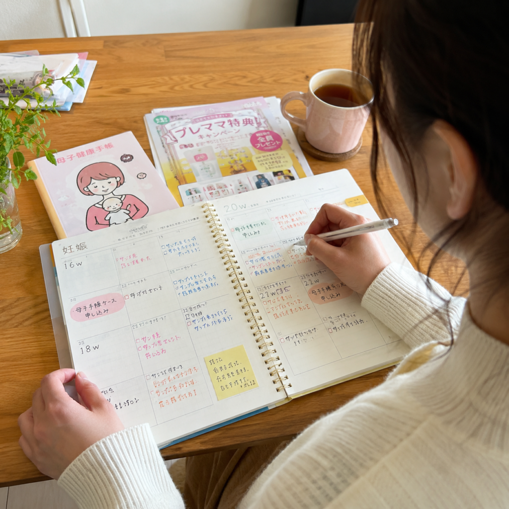 妊娠週数ごとのスケジュール帳や手帳に、申し込みメモを書いているイメージ。妊娠中の準備を可視化する雰囲気の写真