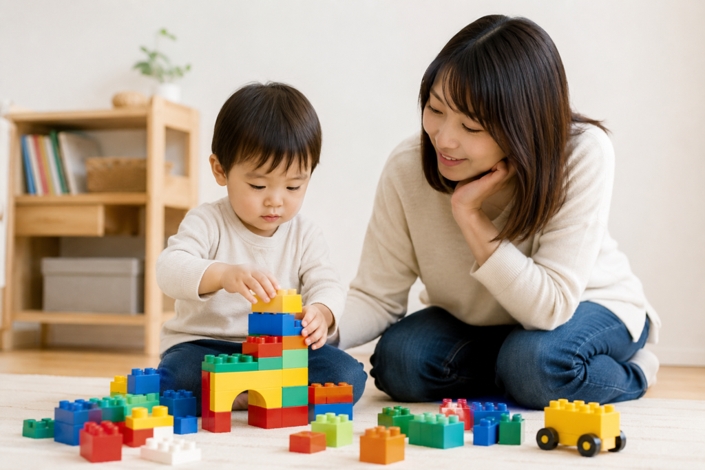子どもがブロックで遊んでいる様子。親が隣で見守っているシーン。