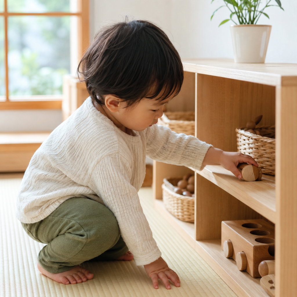 子どもが低い棚から自分でおもちゃを取り出して遊んでいる様子のイメージ写真