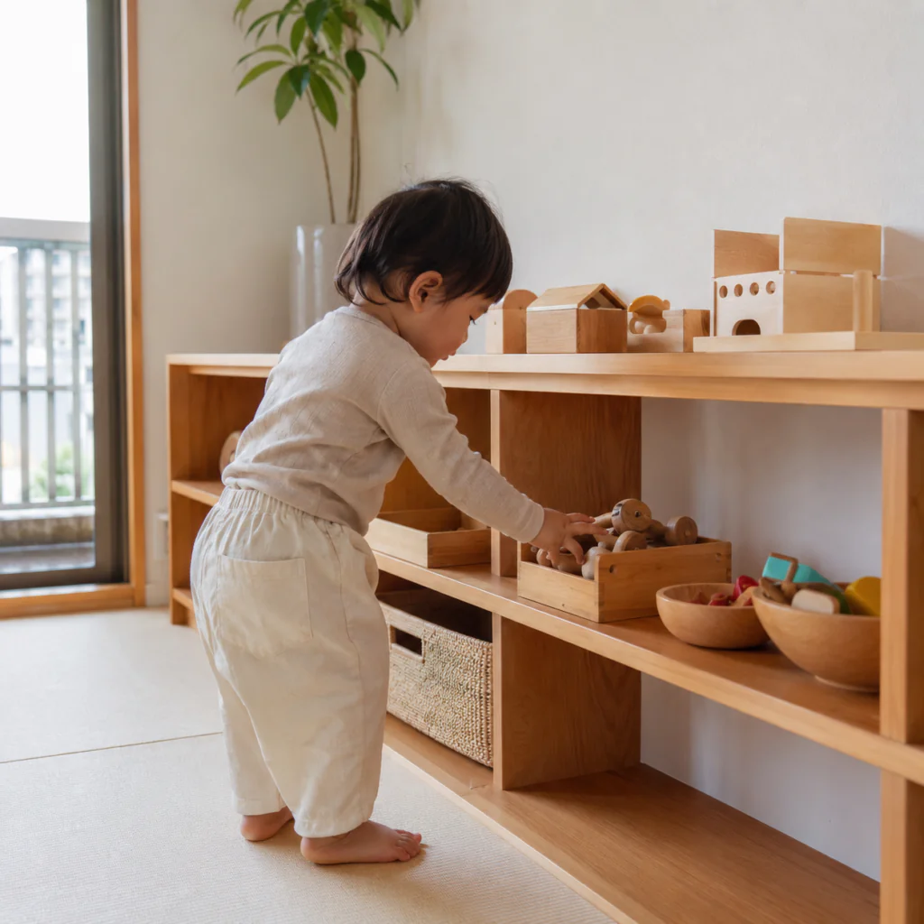 子どもが低い棚から自分でおもちゃを選んで取り出している様子