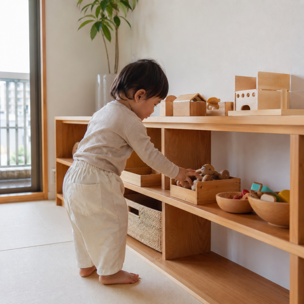 子どもが低い棚から自分でおもちゃを選んで取り出している様子