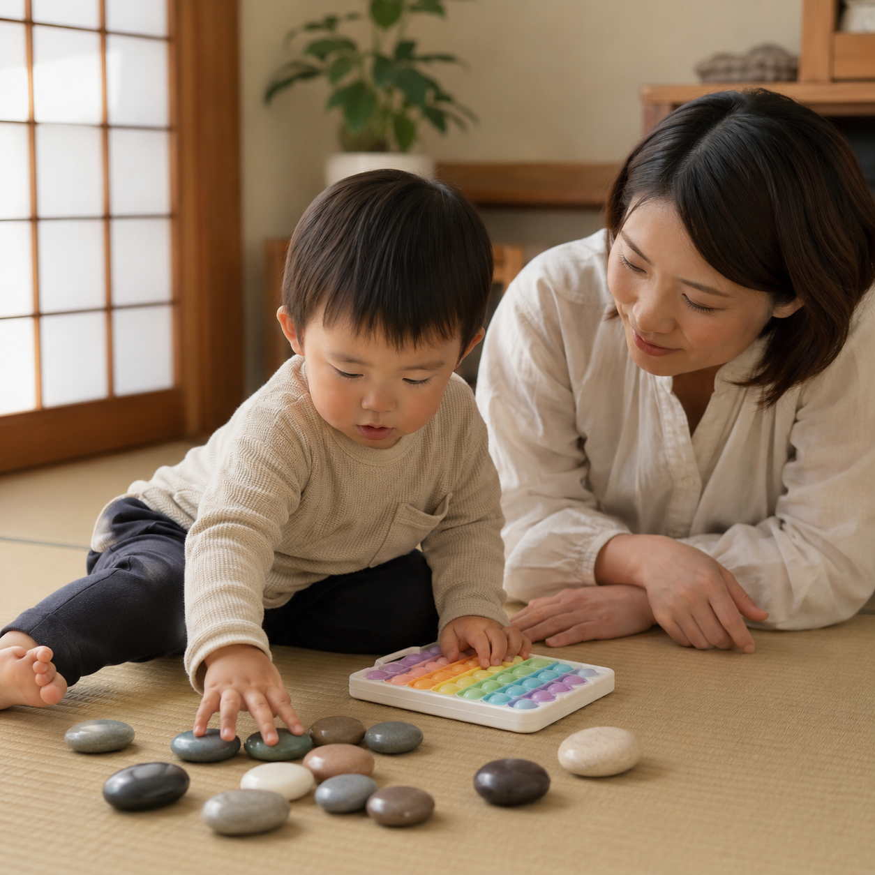子どもが感覚石やプッシュポップなど感触系おもちゃを手で触れて遊んでいる様子。穏やかな室内で、親が隣で見守っているシーン