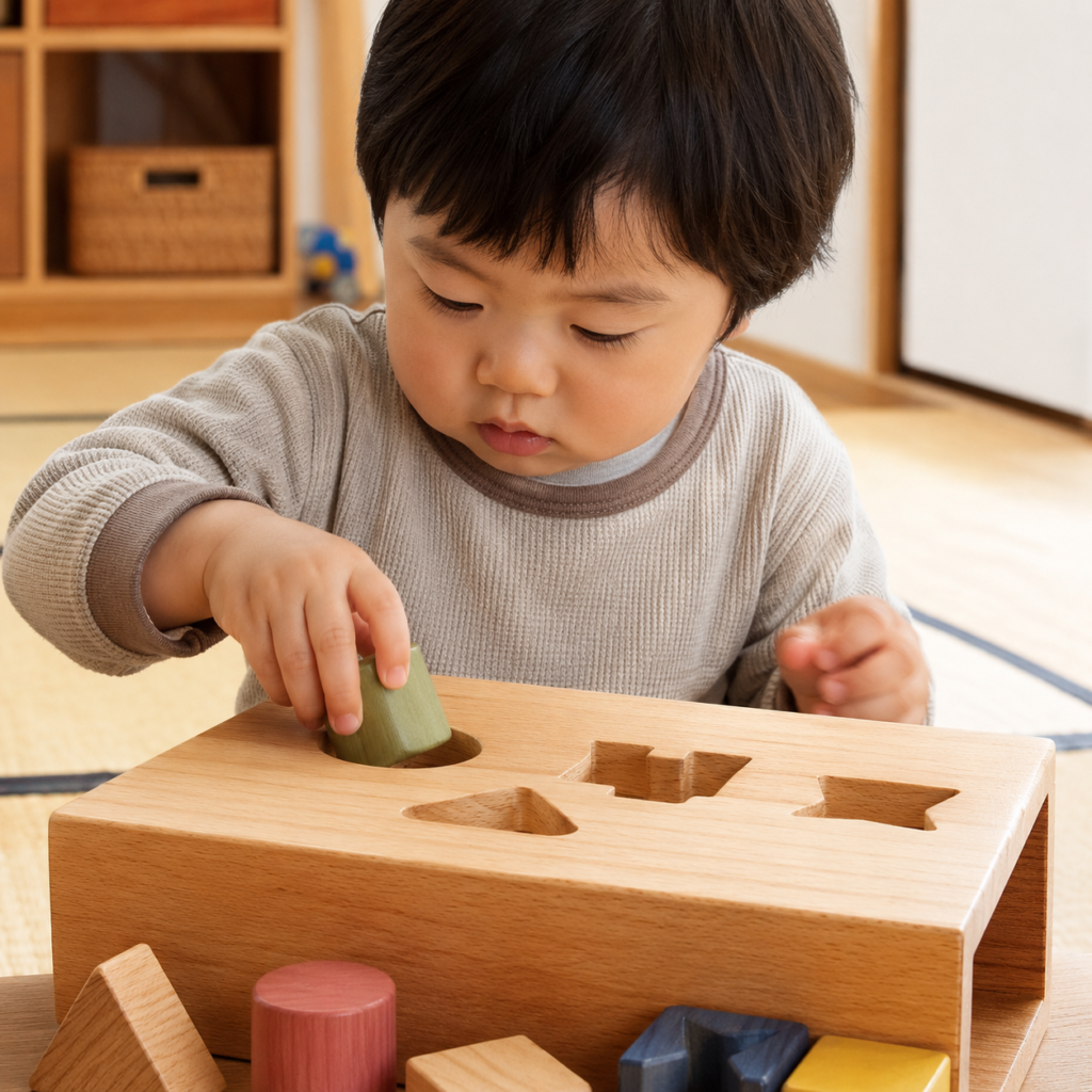 子どもが木製の型はめパズルや積み木で集中して遊んでいる様子のイメージ写真