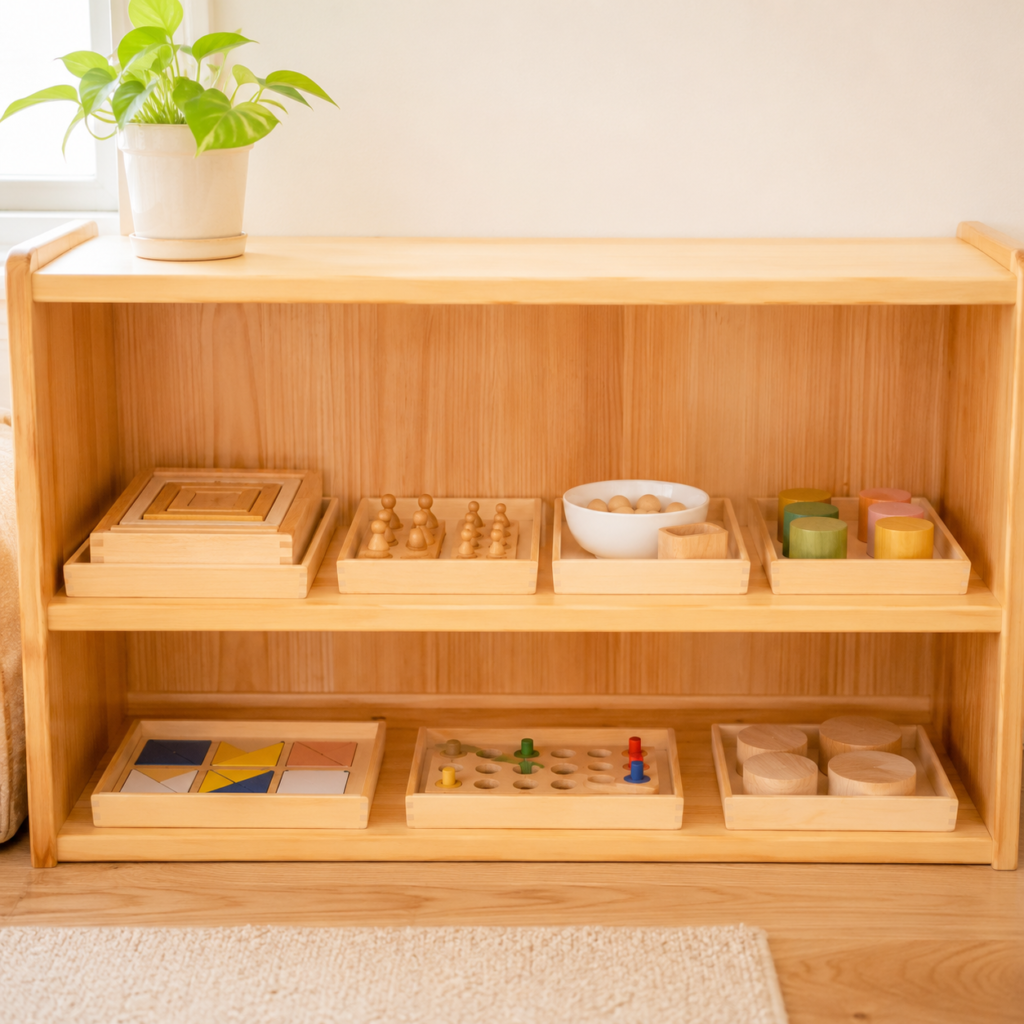子どもの目線に合わせた低い棚に、トレーに乗せた教具が3〜5点並んでいる様子。整然としていて子どもが自分で取り出せる高さに設置されているイメージ