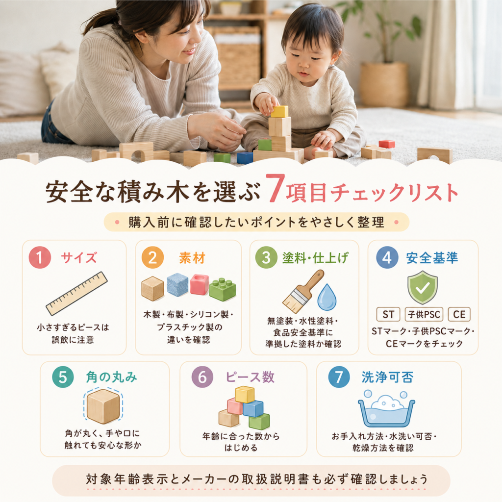 安全な積み木を選ぶ7項目チェックリストを図解したインフォグラフィック。サイズ・素材・塗料・安全基準・角の丸み・ピース数・洗浄可否の7項目を視覚的に整理したもの