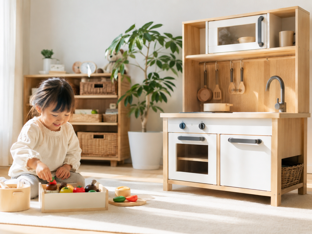 小さな食材セットやコンパクトなおままごとセットで遊ぶ子どもの様子。大型キッチンとの大きさの違いが伝わる比較イメージ