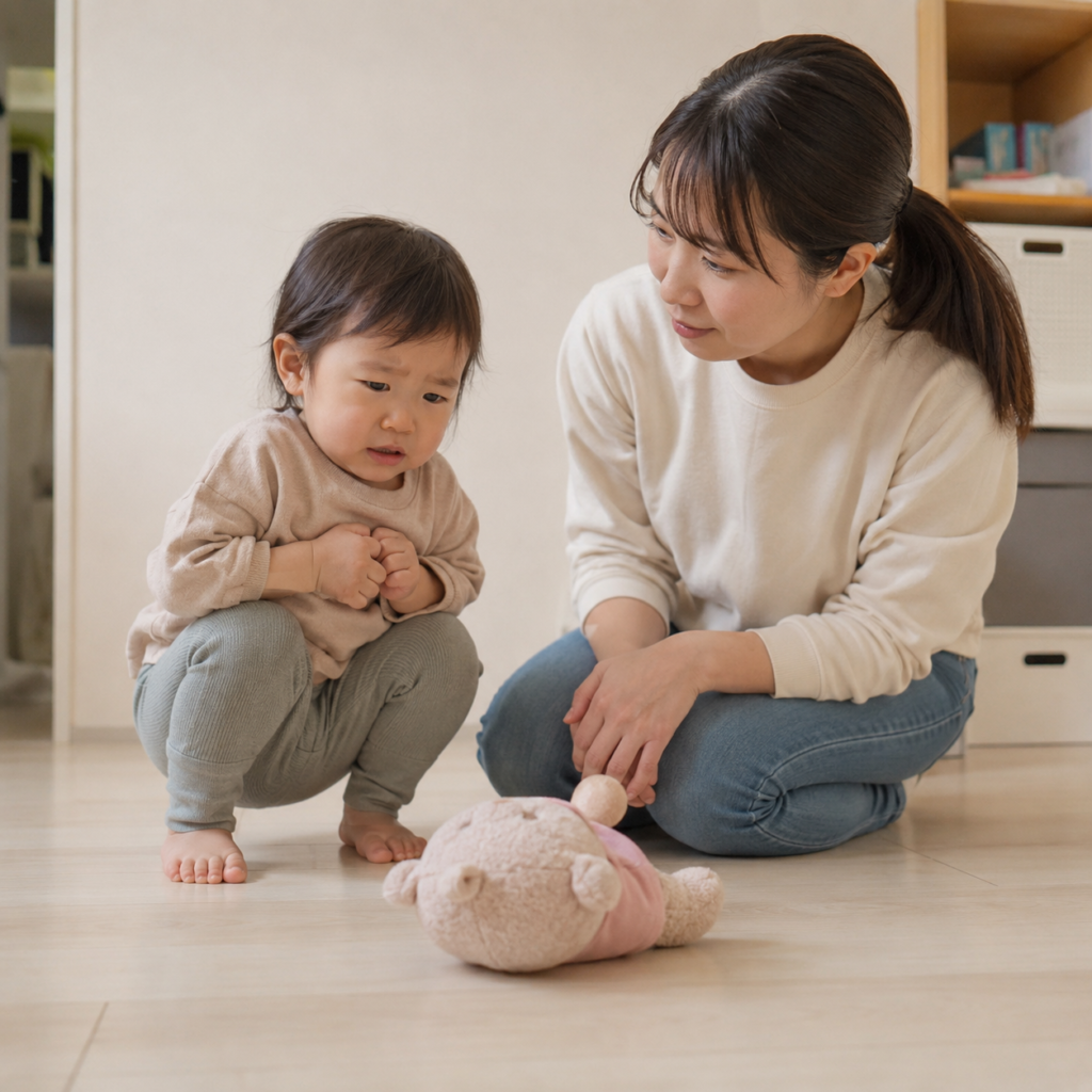 感覚過敏の子がおもちゃに近づけず距離を置いている様子。保護者が横でそっと見守っているシーン