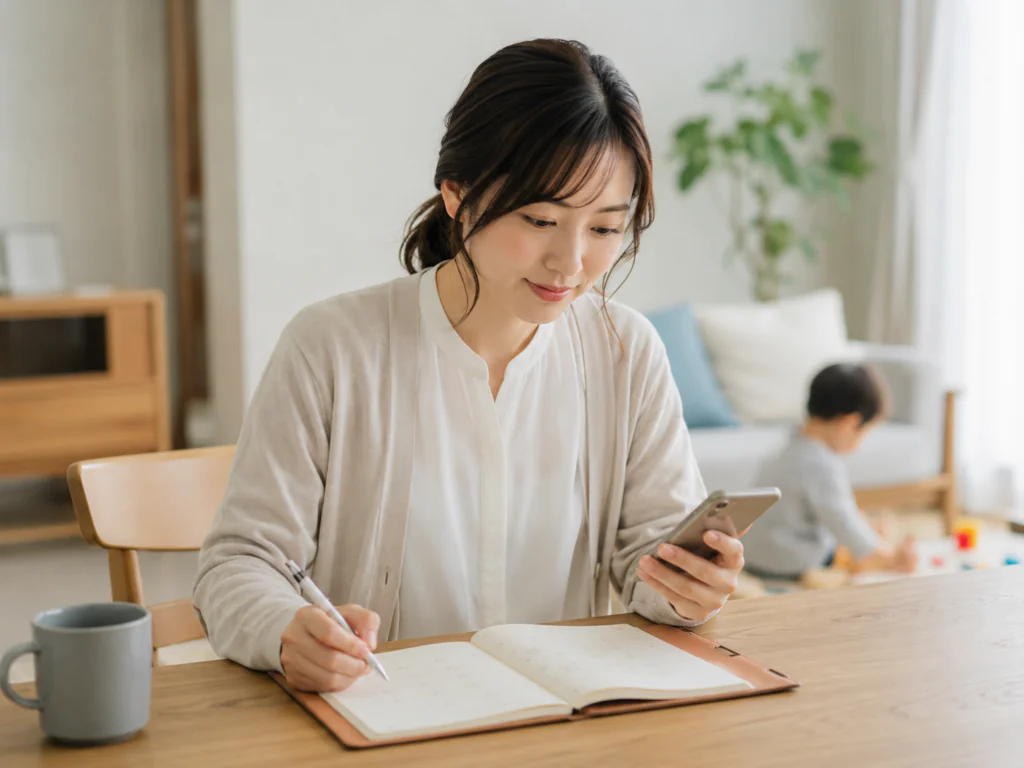 手帳やスマホで復職スケジュールをメモしているお母さんのイメージ