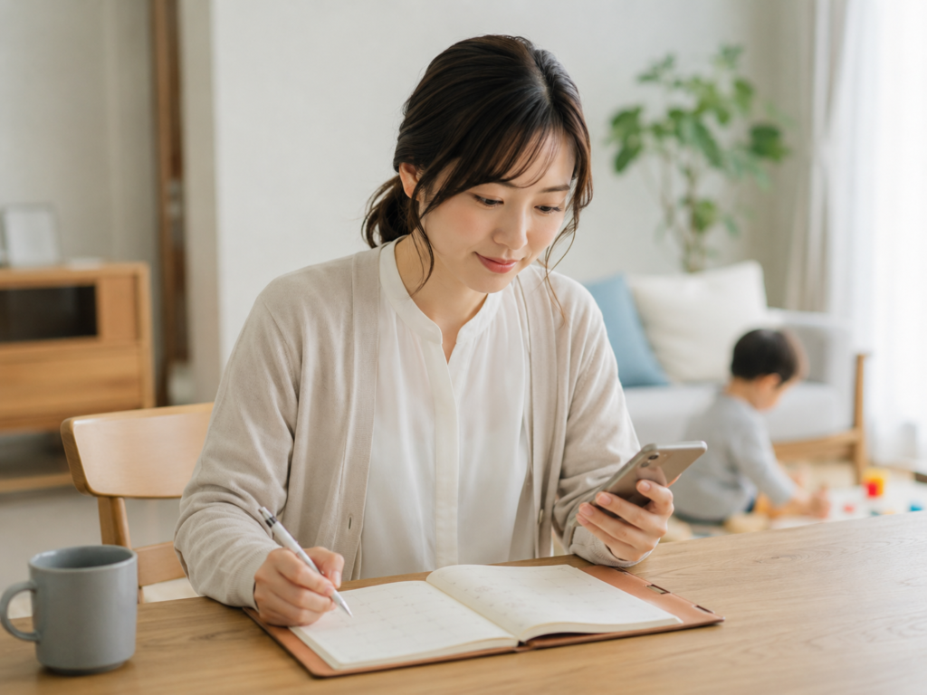 手帳やスマホで復職スケジュールをメモしているお母さんのイメージ