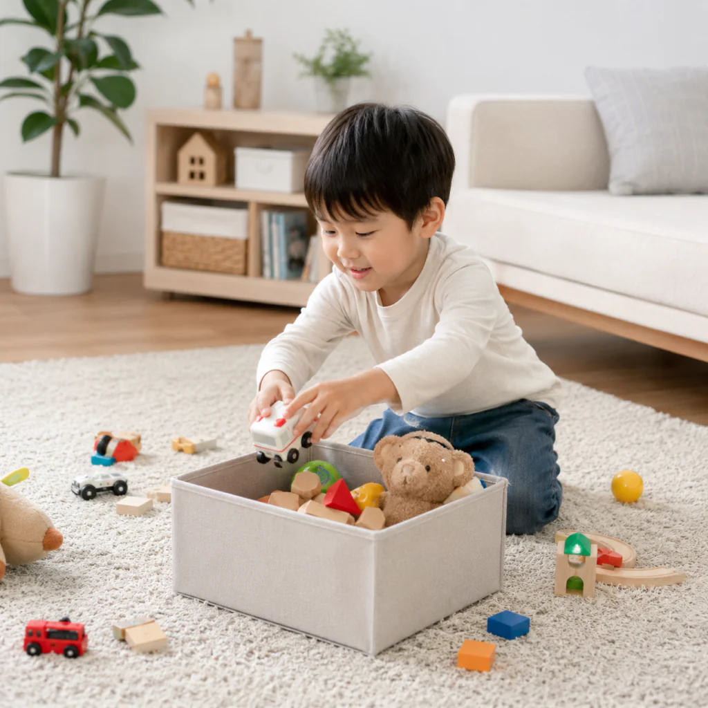 日本人の子どもが自分でおもちゃを片付けている様子 リビング 収納ボックス