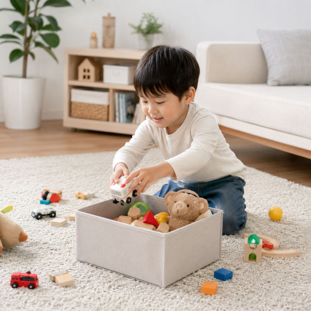 日本人の子どもが自分でおもちゃを片付けている様子 リビング 収納ボックス