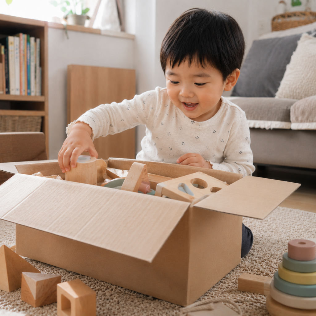 木製おもちゃや知育玩具が箱に入って届いている様子。3歳のお子さまが箱を開けて喜んでいるイメージ