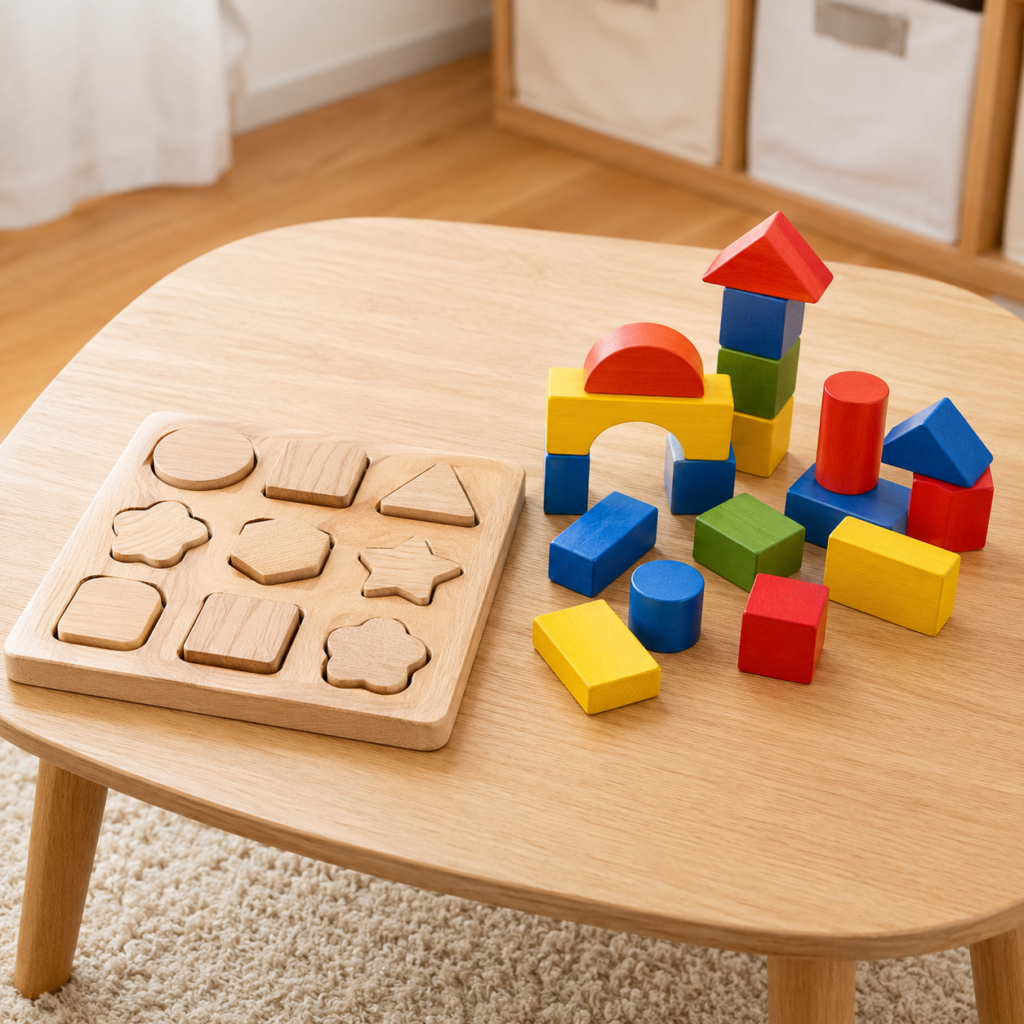 木製パズルとカラフルなブロックが並んで置かれている写真。どちらも子どもの手が届く低いテーブルの上にある