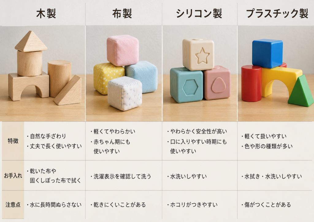 木製・布製・シリコン製・プラスチック製の積み木を並べた素材別比較図。各素材の特徴・お手入れ方法・注意点を図解したもの