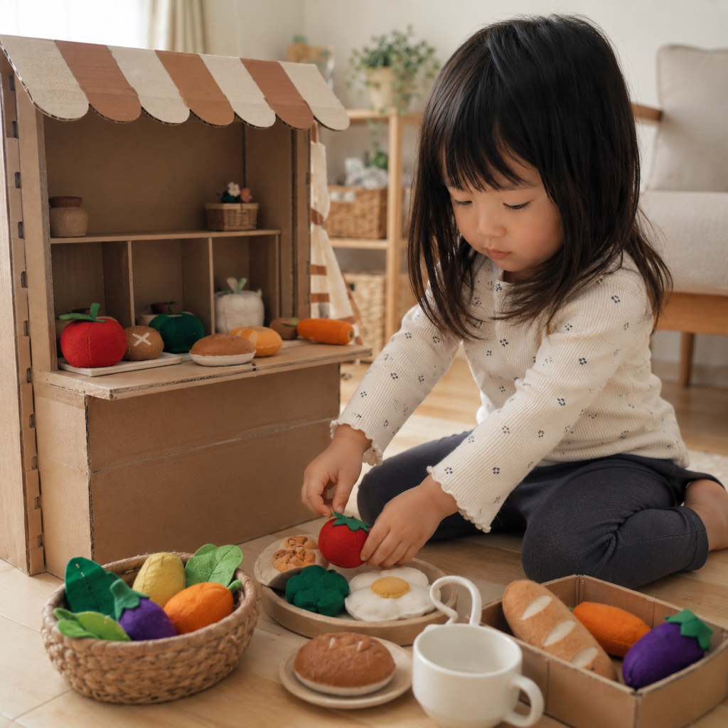 段ボールで作ったお店やさんセットの前で遊ぶ3歳の子ども。フェルトの食材を並べている様子