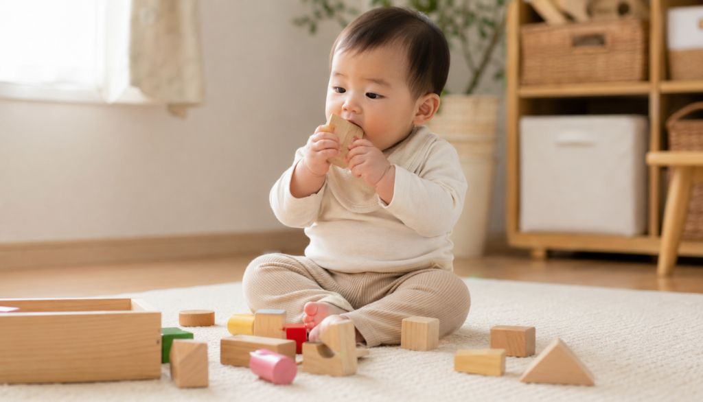 生後7〜9ヶ月頃の赤ちゃんがおすわりの姿勢で積み木を手に持ち、口に近づけようとしている様子
