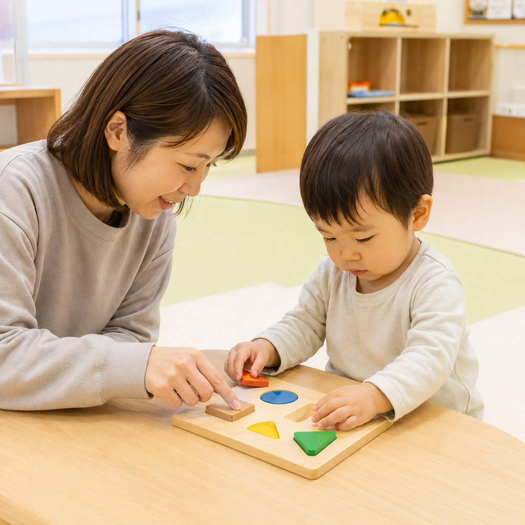 療育施設や支援センターのプレイルームで、大人と子どもが一緒にパズルに取り組んでいる様子の写真