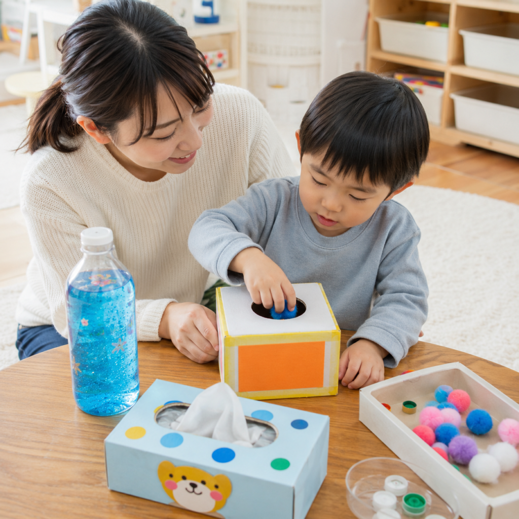 発達障害・自閉症のお子さまが手作りおもちゃで遊んでいる様子。保護者が隣で見守りながら一緒に遊んでいる場面
