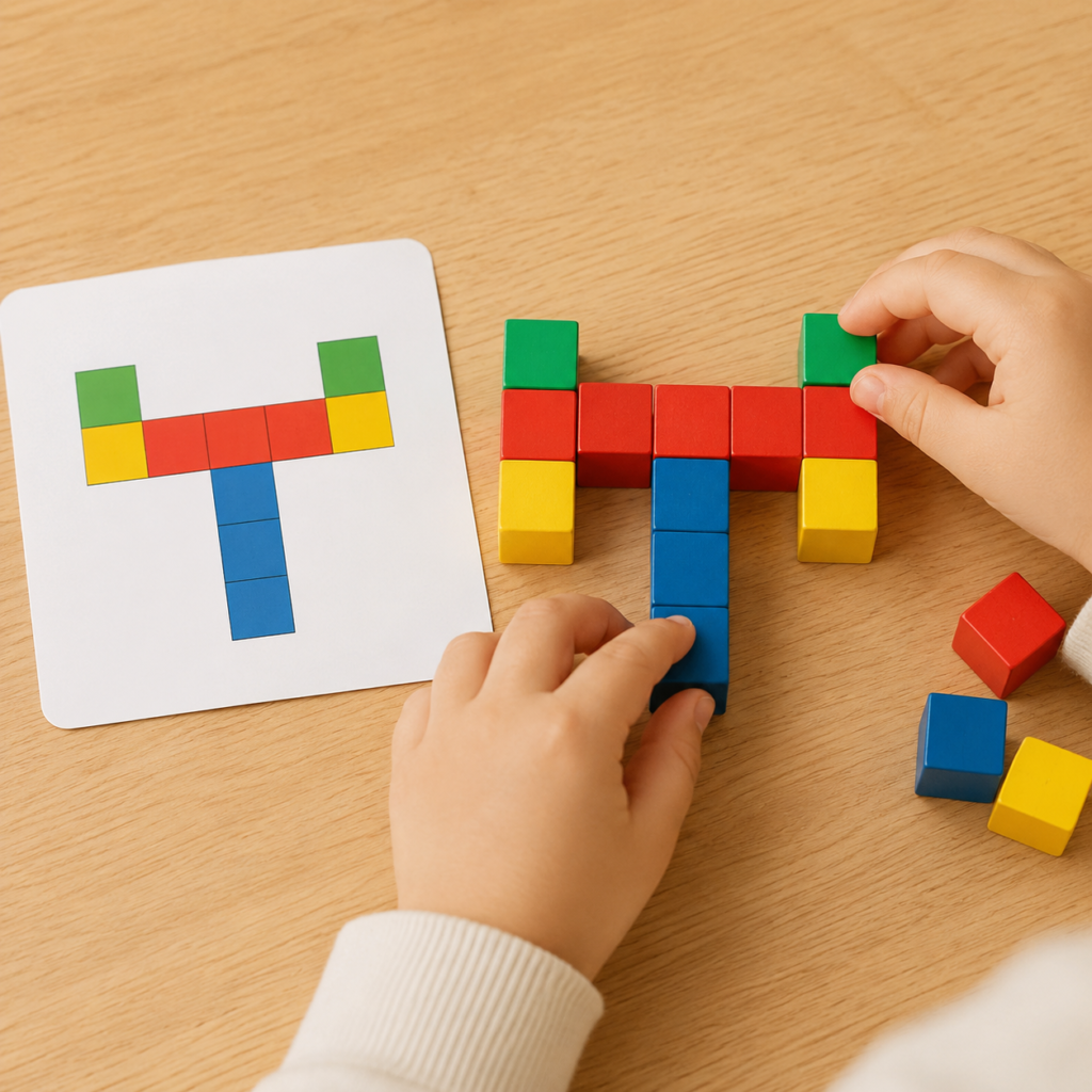 見本カードの横に同じ形のブロックを並べて作っている子どもの手元の写真