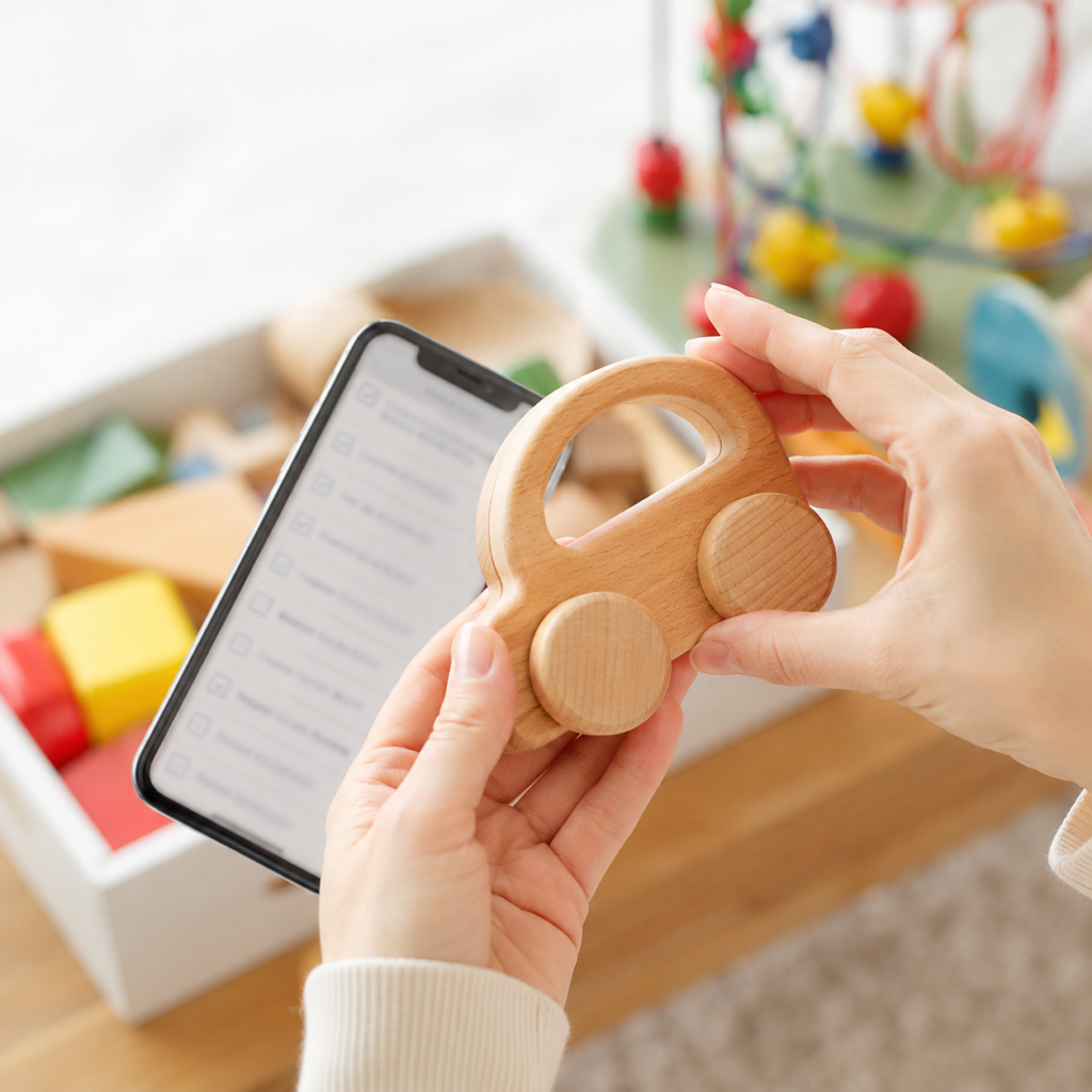 購入前にチェックリストを確認している保護者のイメージ。おもちゃを手に取って継ぎ目や素材を確認している様子