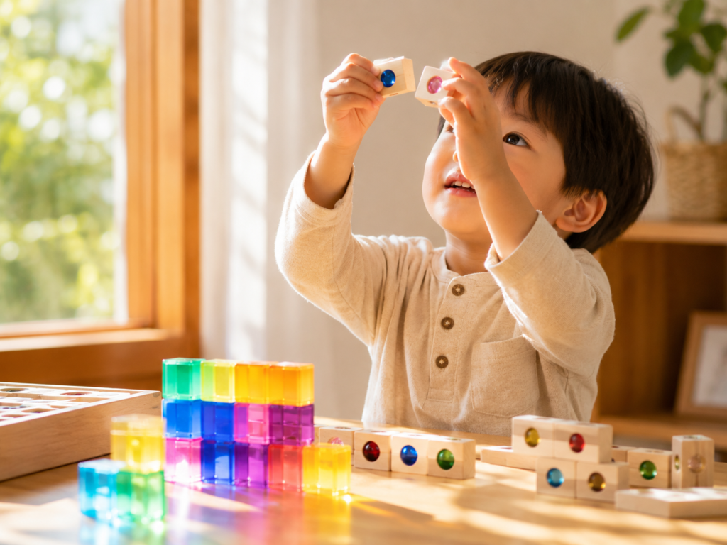 10.ジュエル積み木を光に透かして遊ぶ子どもの様子のイメージ