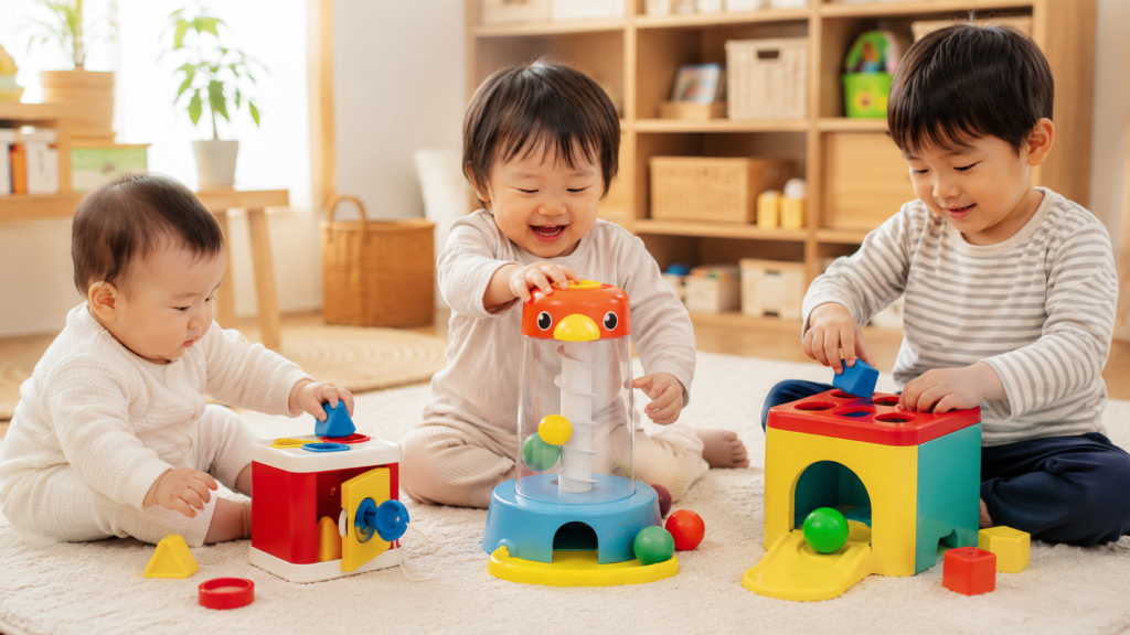 11.0歳・1歳・2歳それぞれがボール落としおもちゃで遊んでいる様子の比較イメージ