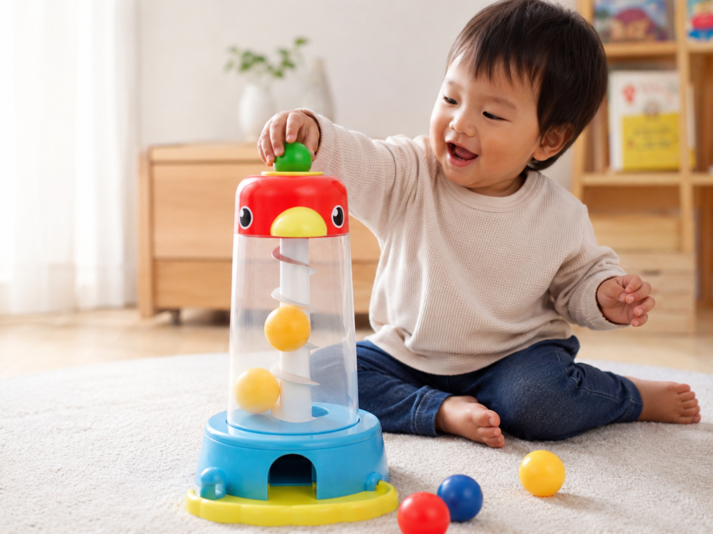 12.1歳半頃の子どもがくるくるチャイムのボールを次々と入れて遊んでいる様子
