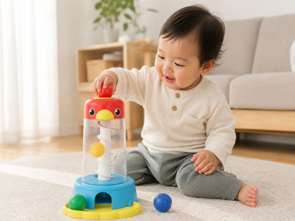 12.くるくるチャイムでボールを転がして遊ぶ1歳前後の赤ちゃんの様子