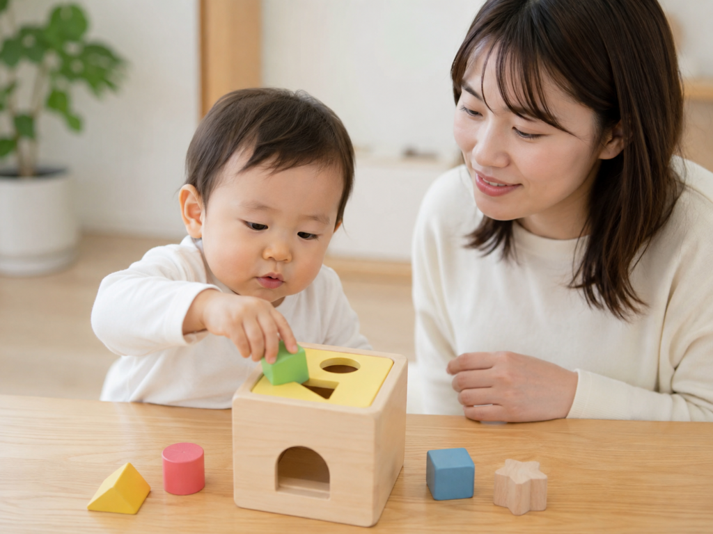 13.1歳頃の子どもが形合わせタイプのポットン落としに向き合い、保護者が隣で見守っている場面