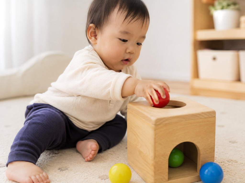 13.生後8〜10ヶ月頃の赤ちゃんが丸穴のポットン落としにボールを入れようとしている場面