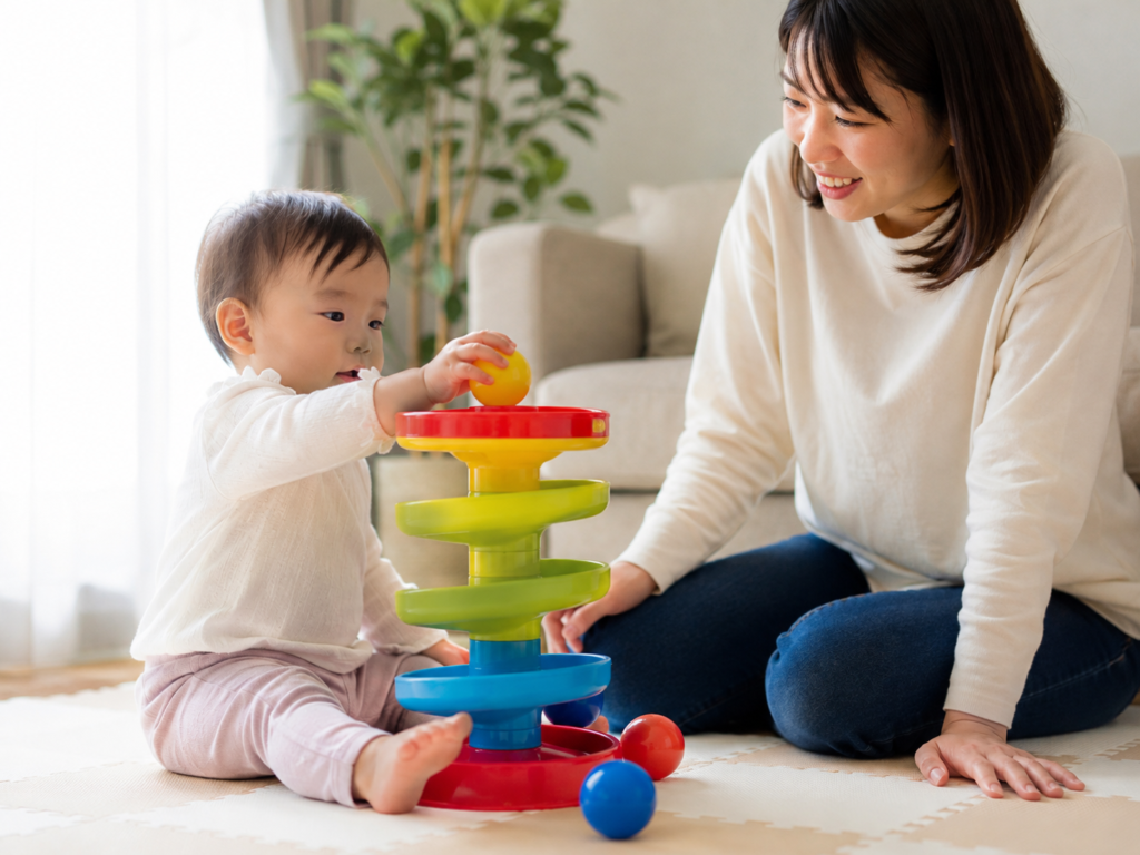 14.ボール落としおもちゃを赤ちゃんが安全に遊んでいる様子の写真（大人が見守っている場面）