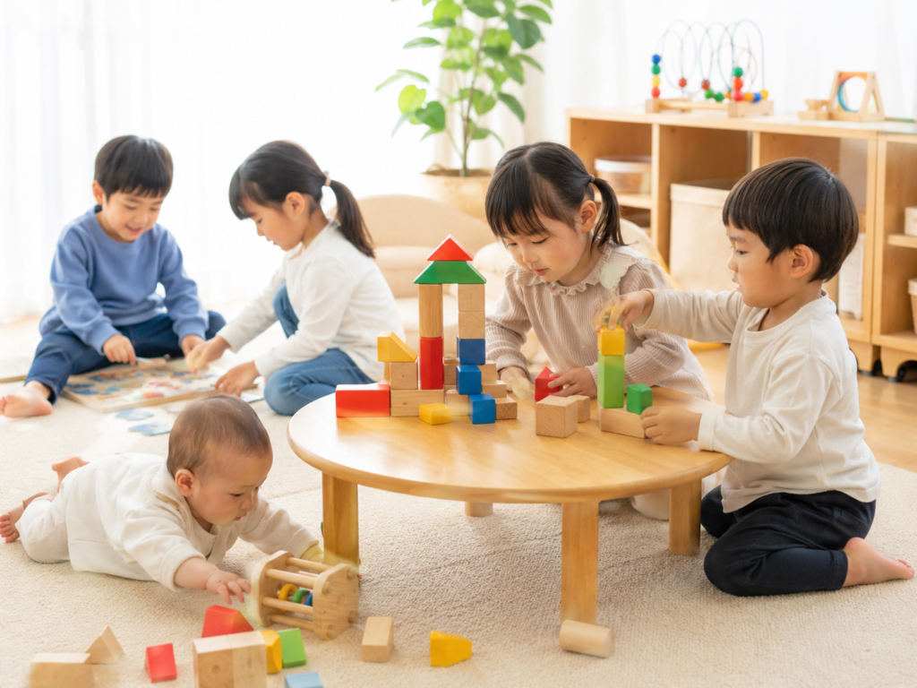 16.0歳〜6歳の子どもたちが積み木やパズルで遊んでいる様子のイメージ写真