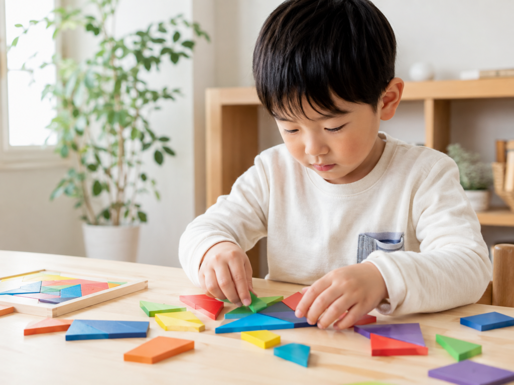 16.5〜6歳の子どもがパズルや構成系おもちゃで集中して遊んでいる様子の写真