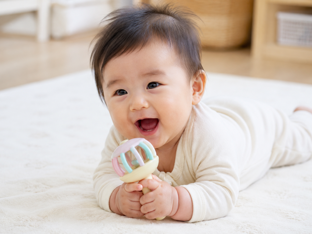 18.0歳の赤ちゃんがラトルをつかんで遊んでいる様子の写真