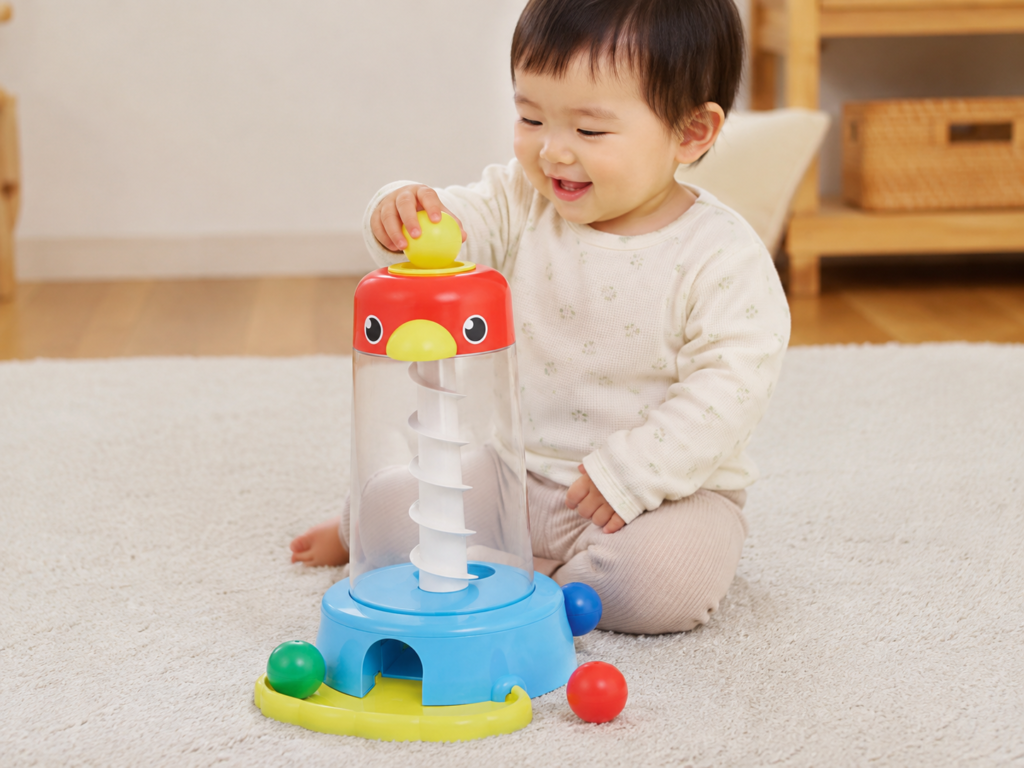 2.くるくるチャイムでボールを入れて遊んでいる乳幼児の様子