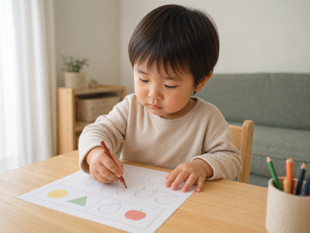 2〜3歳の子どもが机でプリントに取り組んでいる様子のイメージ写真