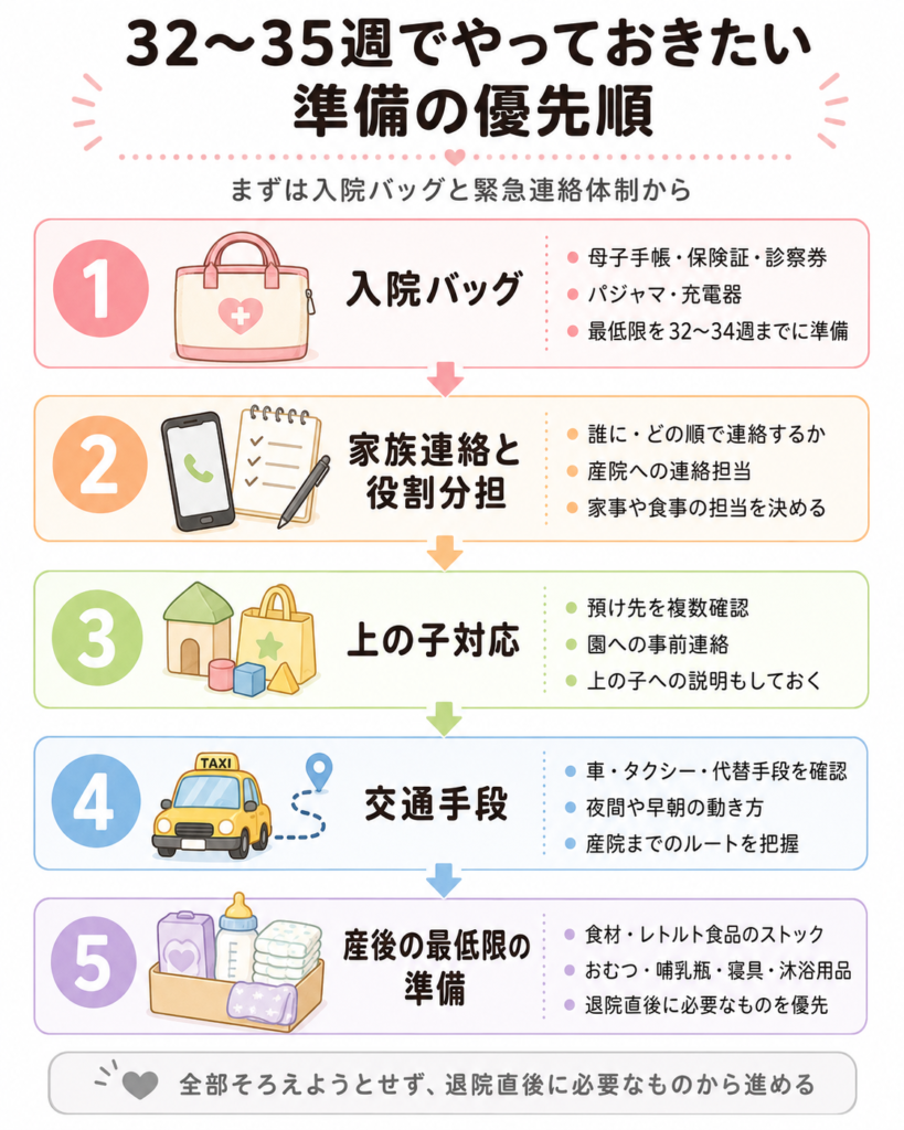 32〜35週の準備優先順を示すリスト図（入院バッグ→家族連絡→上の子対応→交通手段→産後準備の順）