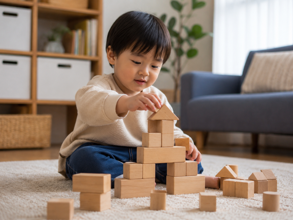 3歳の子どもが木製ブロックで家や塔を作って遊んでいる場面