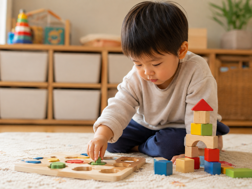 3歳児がパズルや積み木などの知育玩具で一人で集中して遊んでいる様子の写真