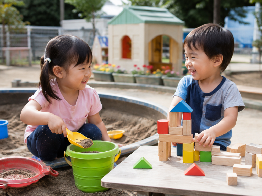 3歳児が友達と砂場や積み木で一緒に遊んでいる様子の写真