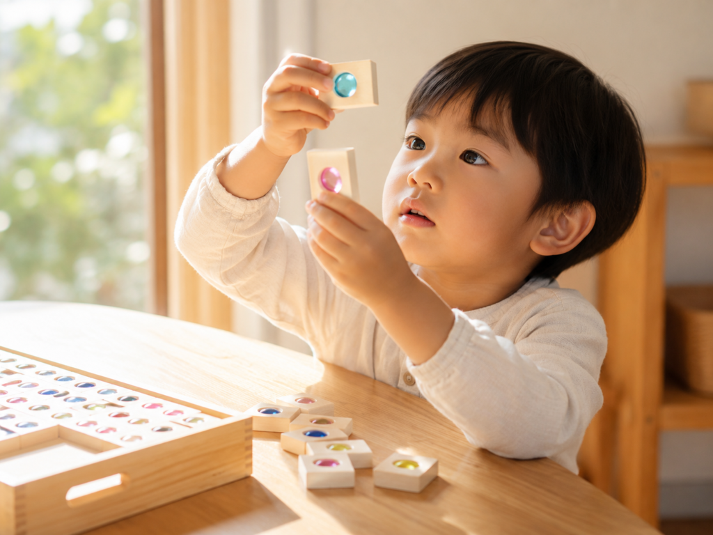 8.子どもがジュエル積み木のピースを光に透かして見ている様子の写真