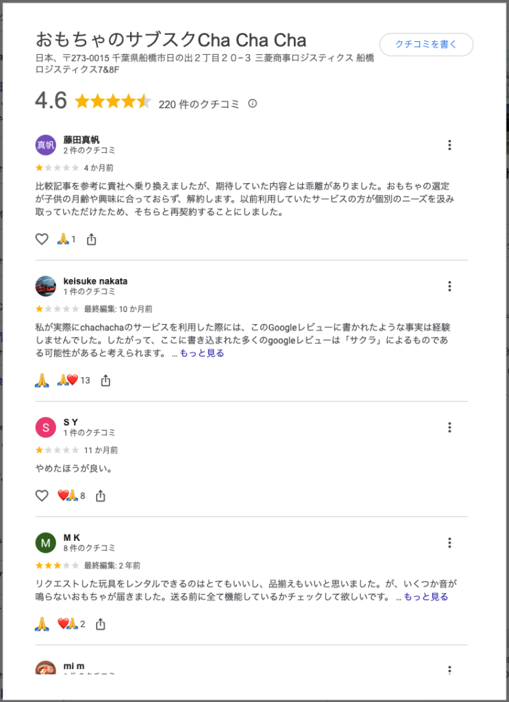 Cha Cha ChaのGoogle口コミを確認した画面
