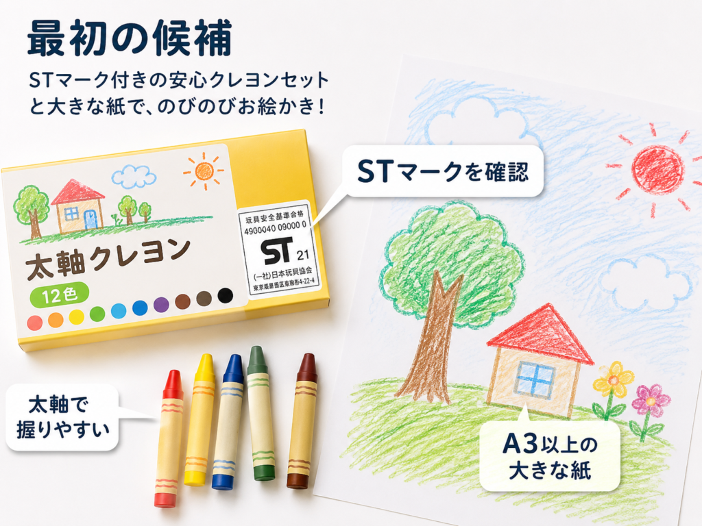 STマーク付き太軸クレヨンとA3用紙の組み合わせ、選び方のポイントを示す画像
