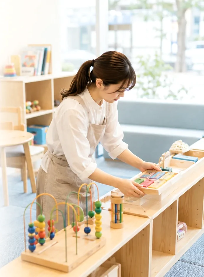 施設の棚に置かれた玩具の配置を整えているスタッフの手元