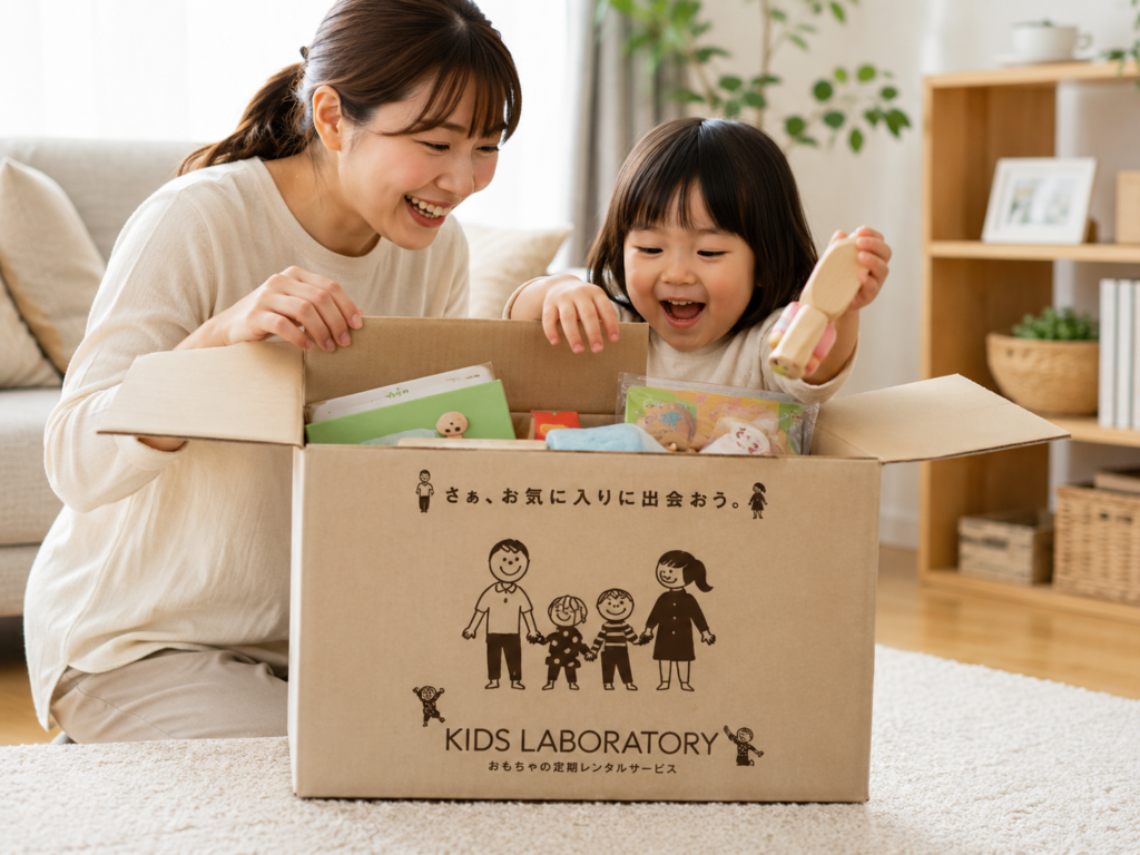 おもちゃが届いた箱を開ける親子の様子、または月齢別おもちゃが並ぶイメージ
