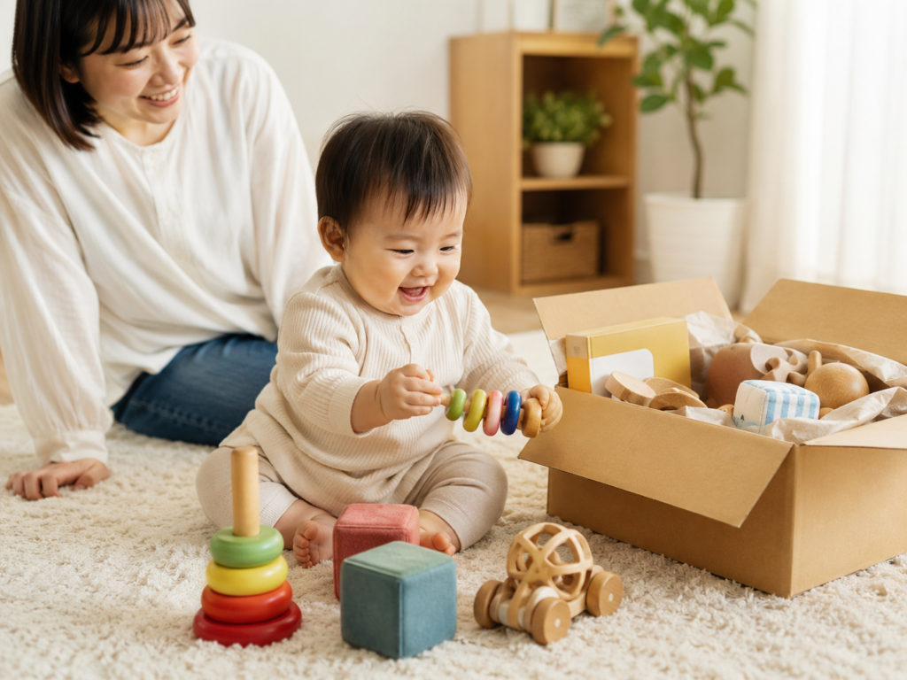 おもちゃコンシェルジュが選んだおもちゃが届いている様子や、月齢に合ったおもちゃで遊ぶ赤ちゃんの写真