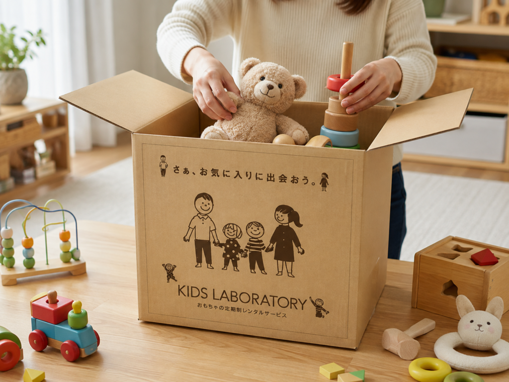 おもちゃサブスクの返却用箱に玩具を梱包している様子のイメージ
